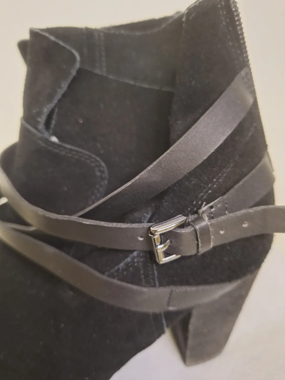 Women's Black Suede Ankle Boots with Wrap Straps.         Size 8 Med